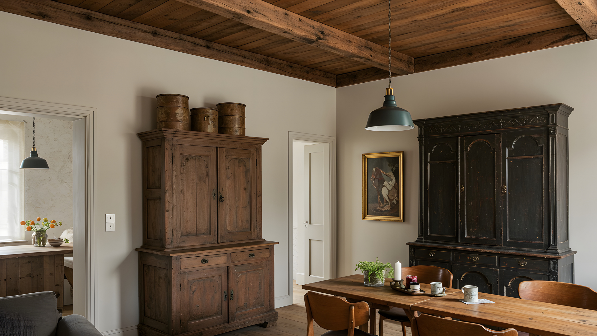 Dining room with wooden furniture, wooden ceiling beams, and a framed painting.