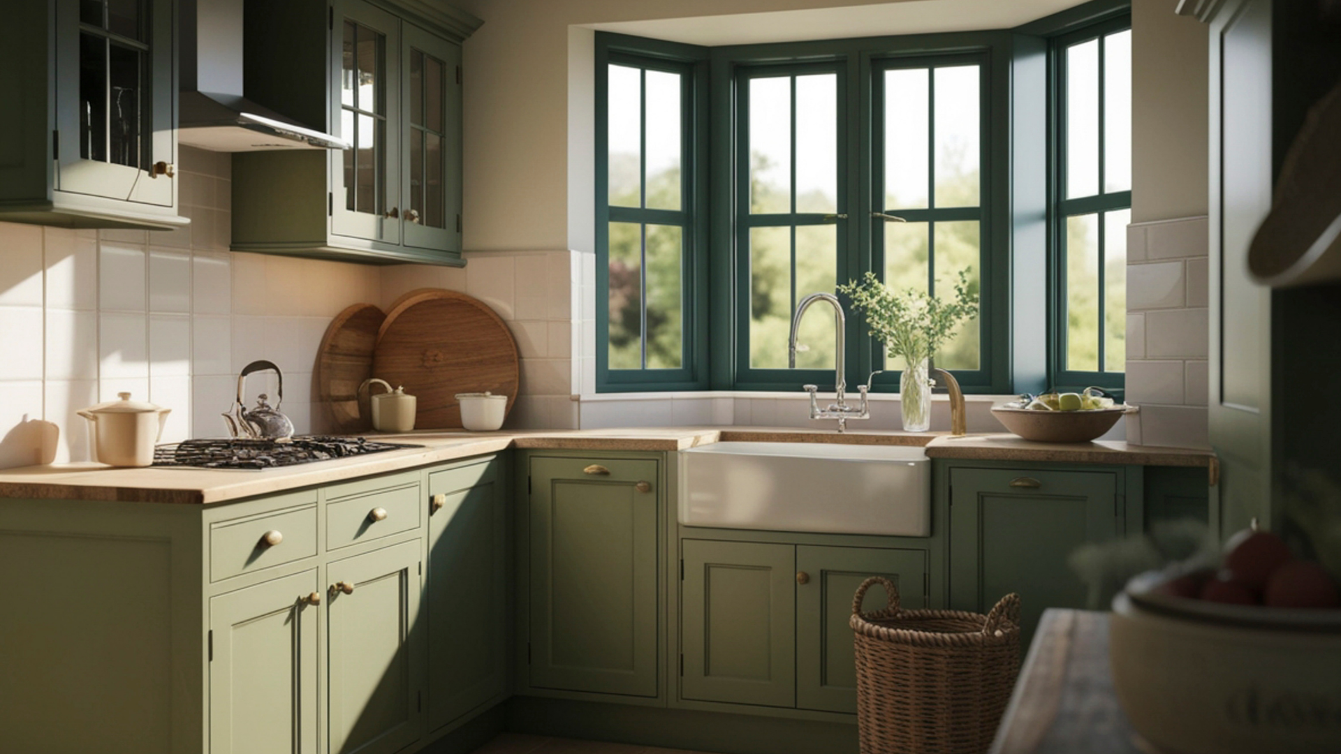 Green kitchen with a bay window, wooden countertops, and white farmhouse sink.