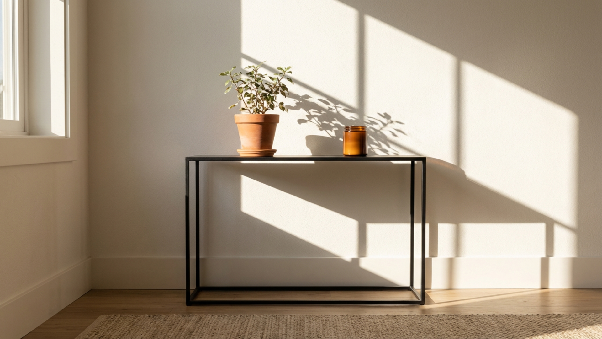 A small potted plant and a candle sit on a black metal console table against a wall with sunlight casting window shadows.