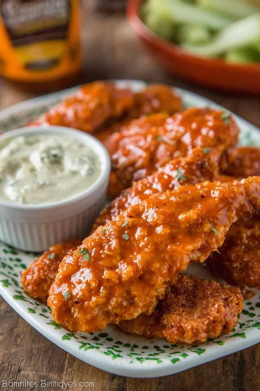 A platter of crispy buffalo chicken tenders served with a small bowl of ranch dip and celery sticks on a wooden table.
