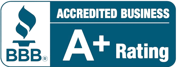 BBB Accredited Business with an A+ rating. Logo features a blue flame and white text on a blue background.