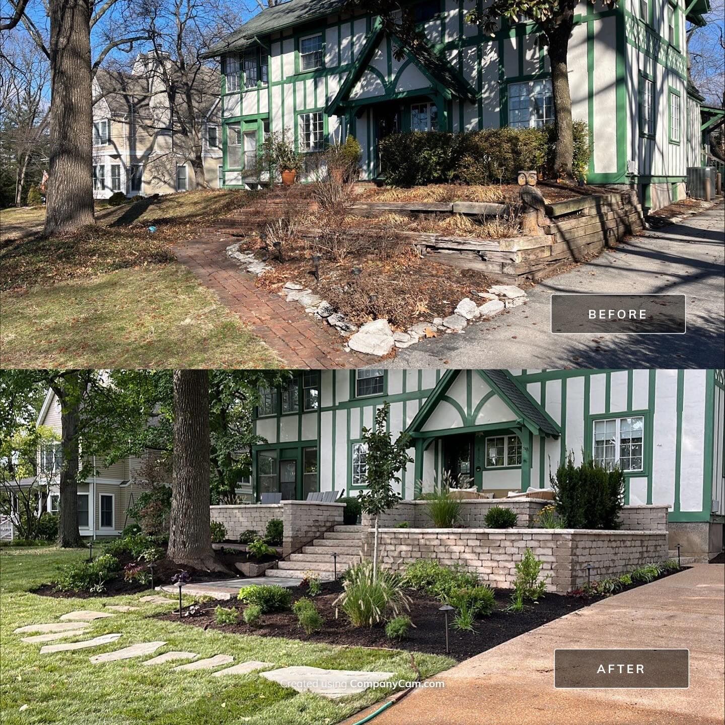 Before and after view of a house and front yard landscaping. 
