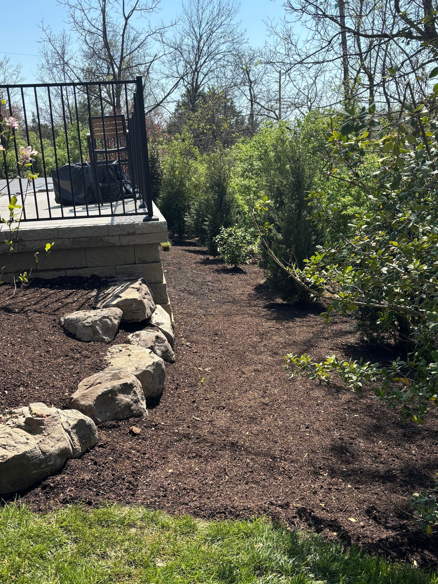A pathway with brown mulch between lush green bushes, beside a stone-edged patio with a black railing and stone pathway.
