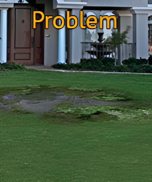 A picture of low spot puddle in lawn with the word problem on it