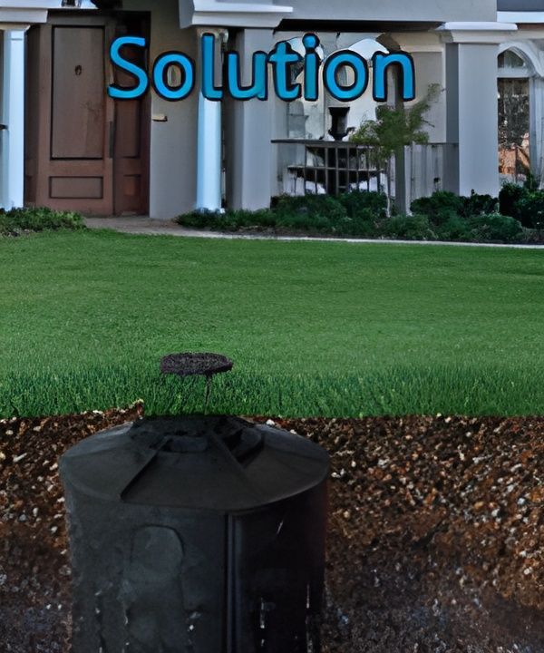 A picture of a catch basin in lawn with the word solution on it