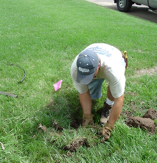 A man wearing a baseball cap and gloves is digging in the grass