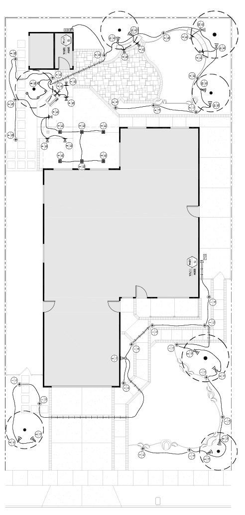 A black and white outdoor lighting design plan around a house