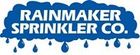 The logo for rainmaker sprinkler co. is a blue cloud with rain drops coming out of it.