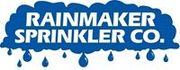 The logo for rainmaker sprinkler co. is a blue cloud with rain drops coming out of it.