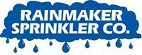 The logo for rainmaker sprinkler co. shows a cloud with rain drops coming out of it.
