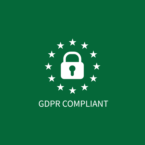 A gdpr compliant logo with a padlock and stars on a green background.