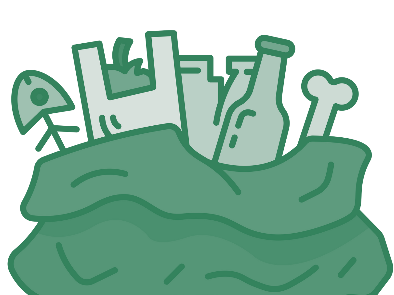 A cartoon drawing of a bag filled with bottles and bones.