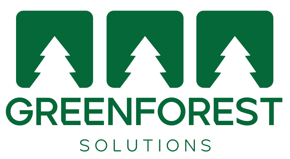 The green forest solutions logo has three trees on it.
