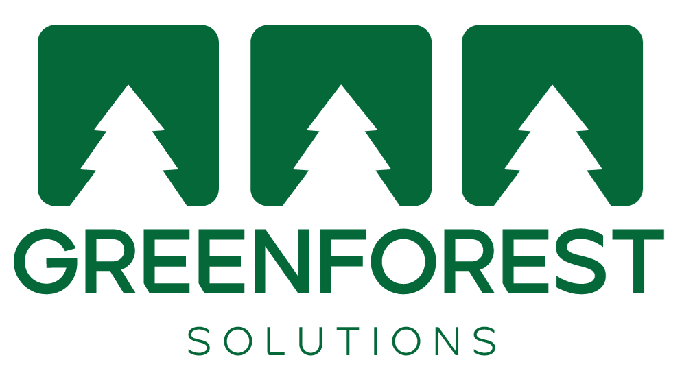 The green forest solutions logo has three trees on it.