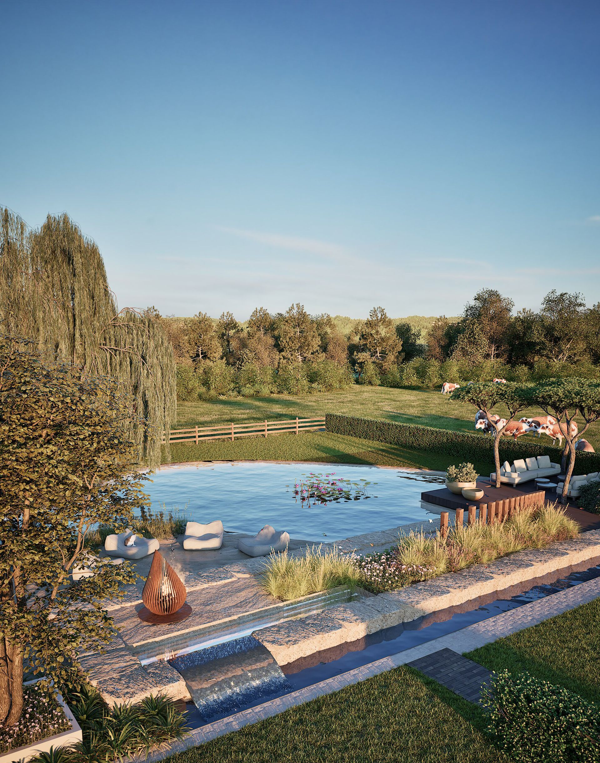 Een groot weelderig groen gazon met bloemen op de voorgrond en een huis op de achtergrond.