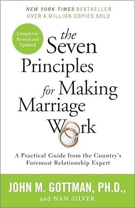 Book cover: "The Seven Principles for Making Marriage Work." White background, gold rings, green accents.