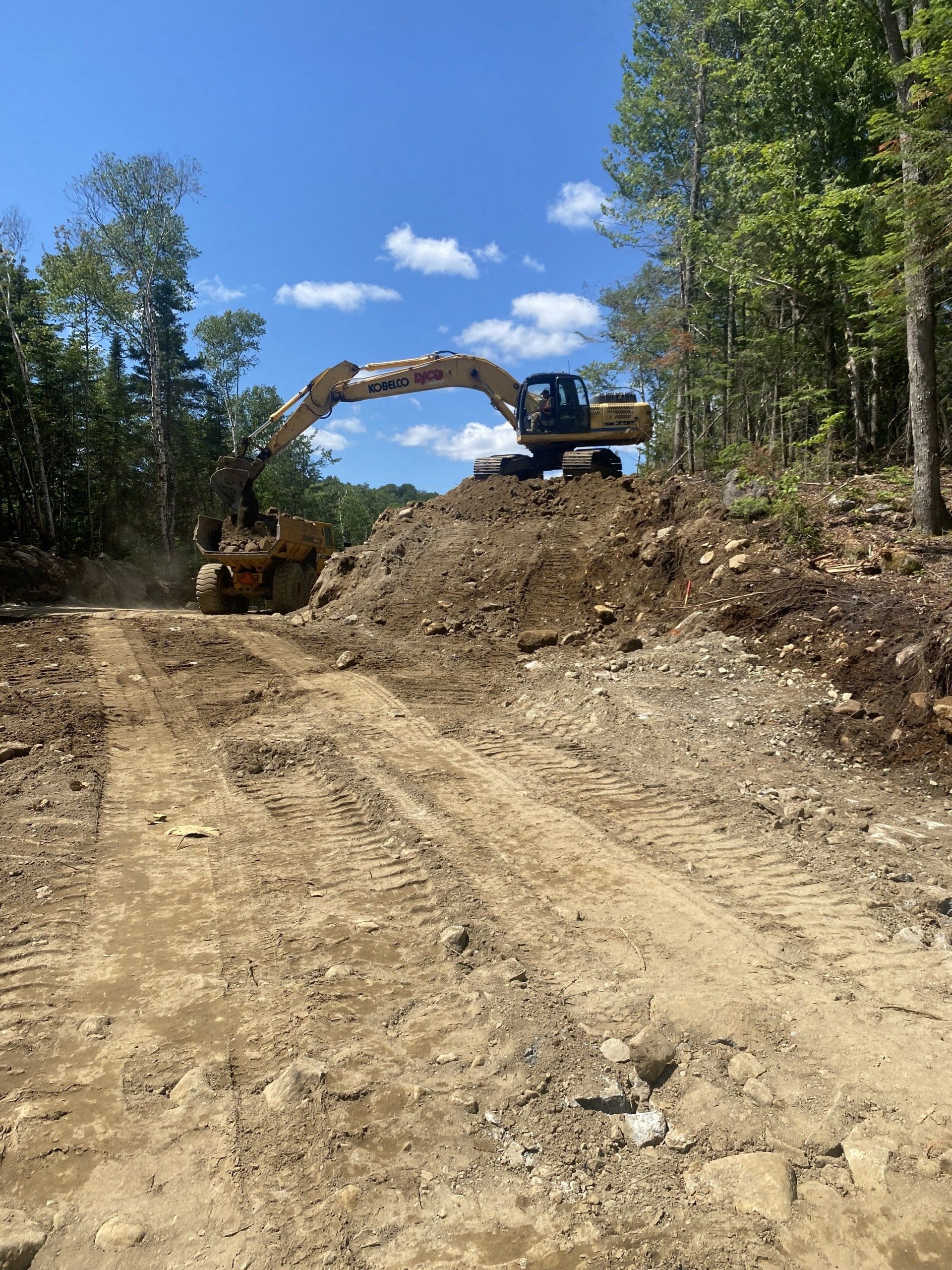 un bulldozer déplace de la terre sur un chemin de terre dans les bois.