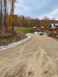 un chemin de terre menant à une maison dans les bois.
