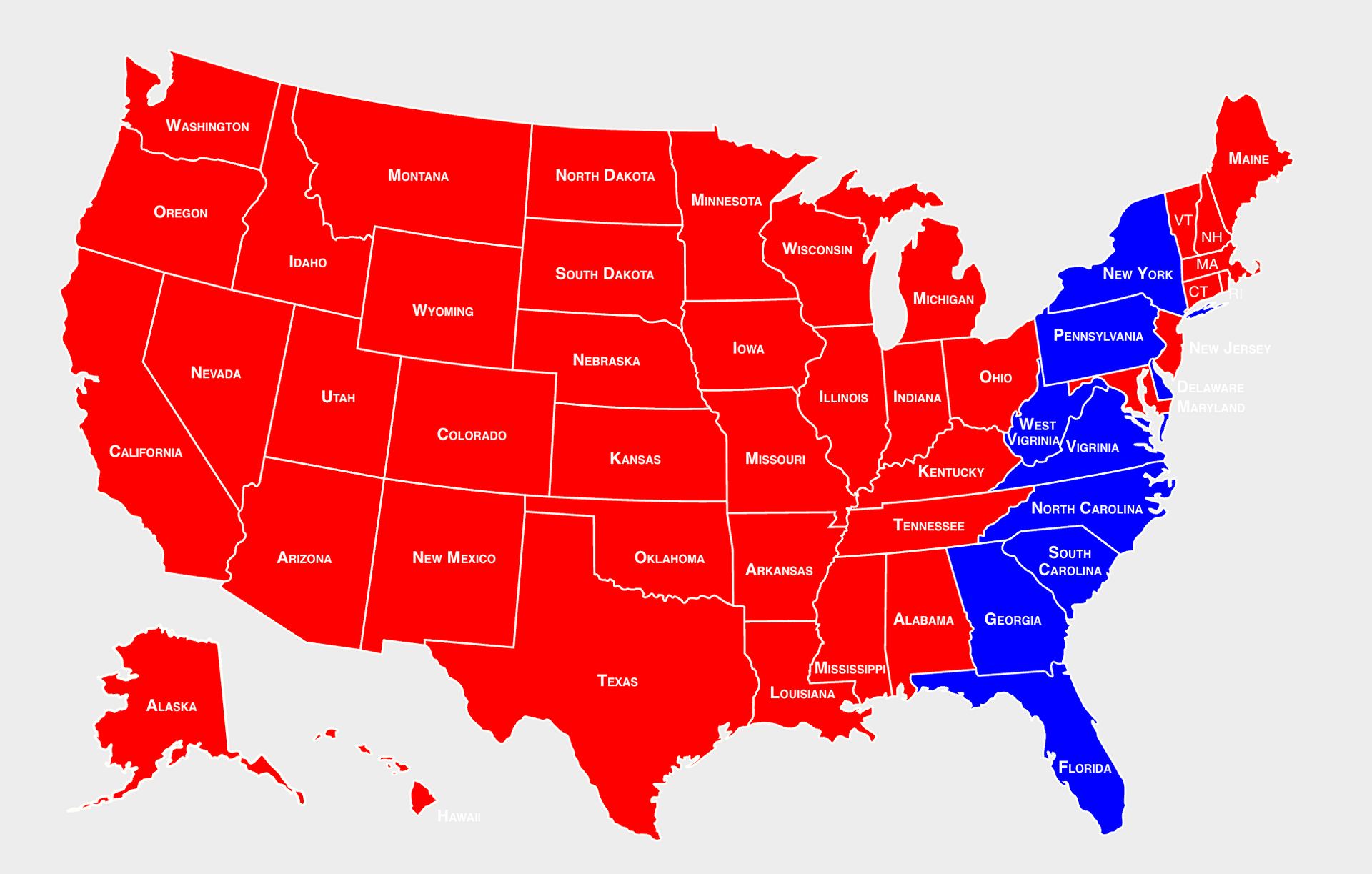 A red and blue map of the united states