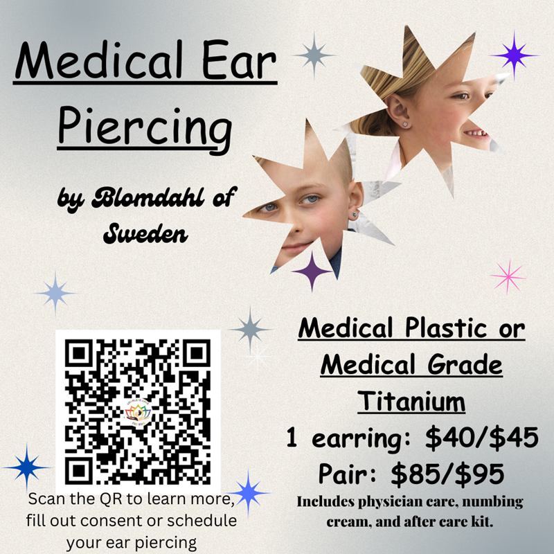 Medical ear piercing flyer by Blomdahl: offers pricing and QR code for booking at a medical office.