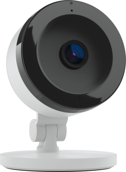 White and black security camera on a white stand, angled upward.