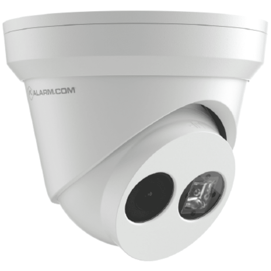 White, dome-shaped security camera with Alarm.com logo, featuring a dark lens and IR light.
