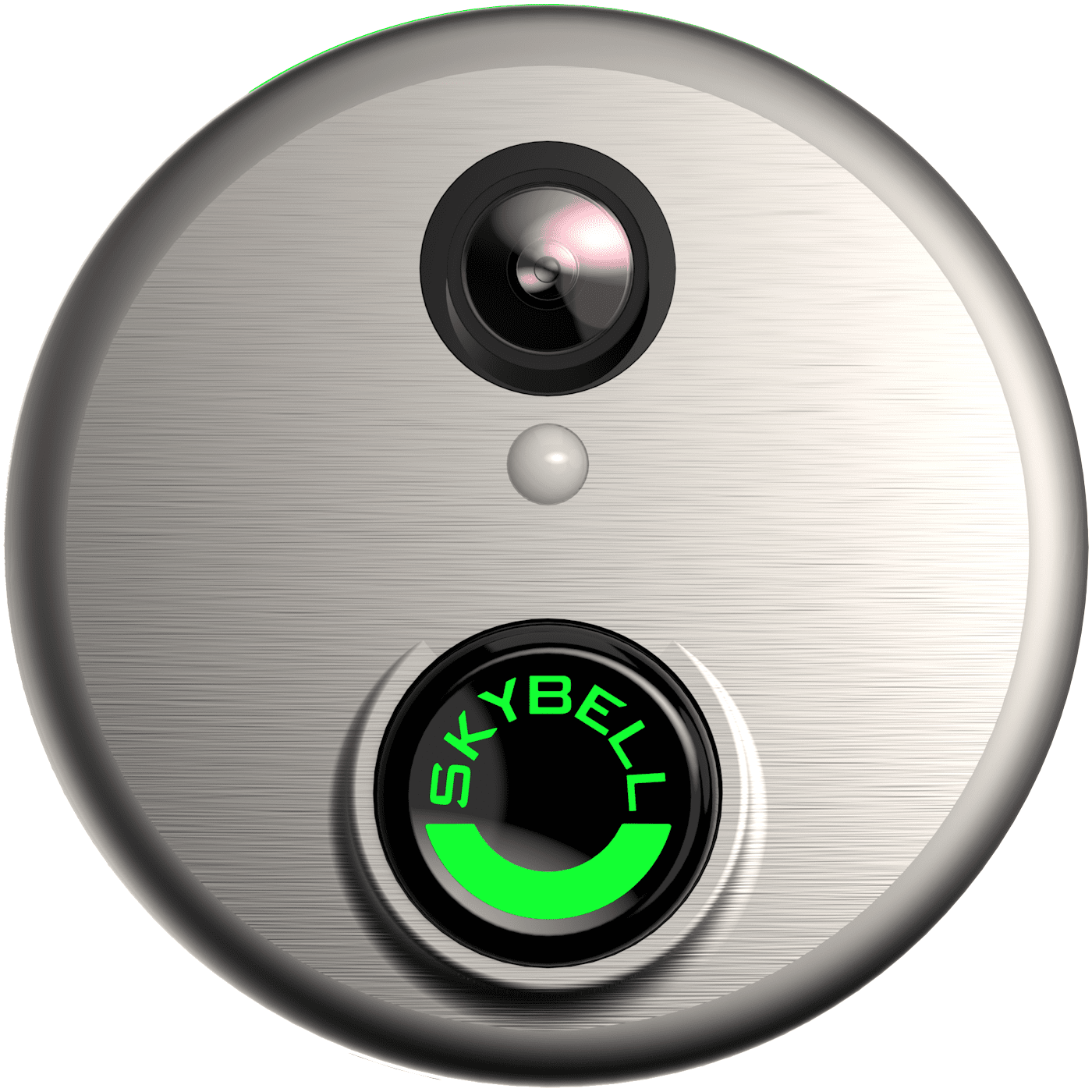 Skybell video doorbell with camera, indicator light, and illuminated button. Silver finish, circular design.