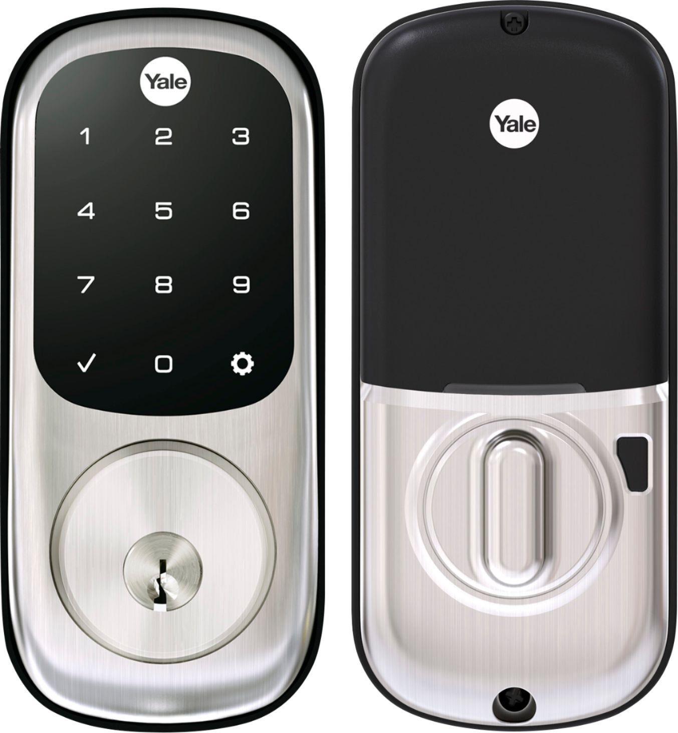 Yale smart lock: silver keypad and mechanical lock on the front, black and silver interior with thumb turn.