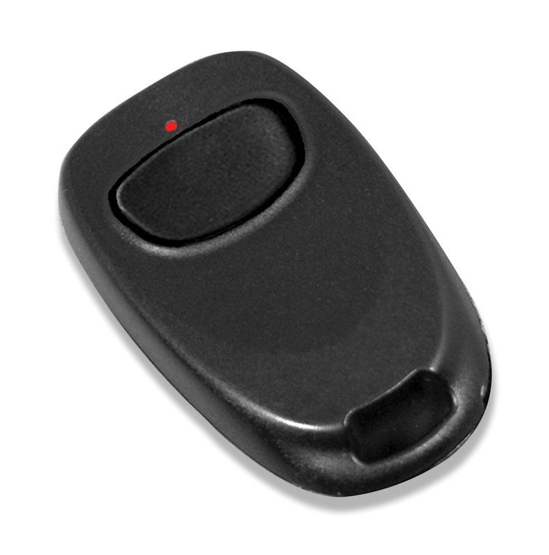Black remote control with a button and a red indicator light.