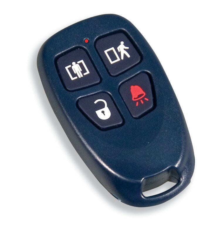 Blue key fob with four buttons: arm/disarm, door open, lock, and panic. Red LED.
