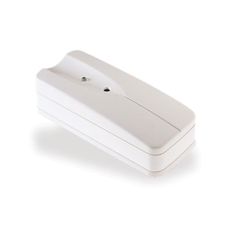 White, rectangular electronic device with a curved top and two circular indents.