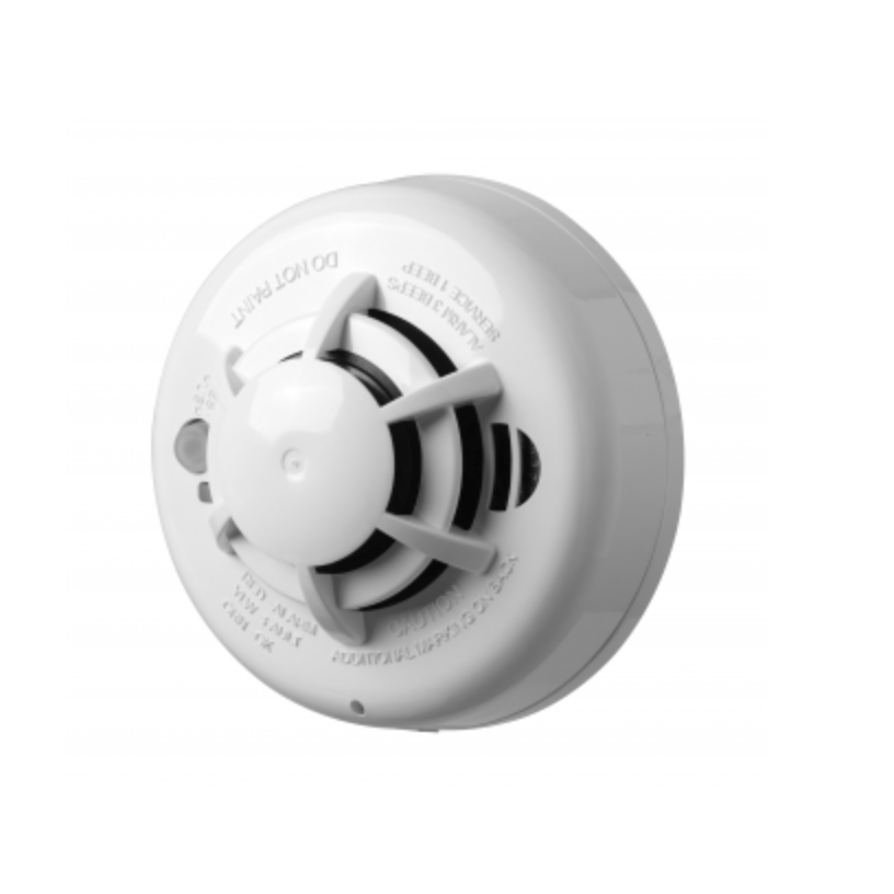 White smoke detector, circular with vents, on a white background.