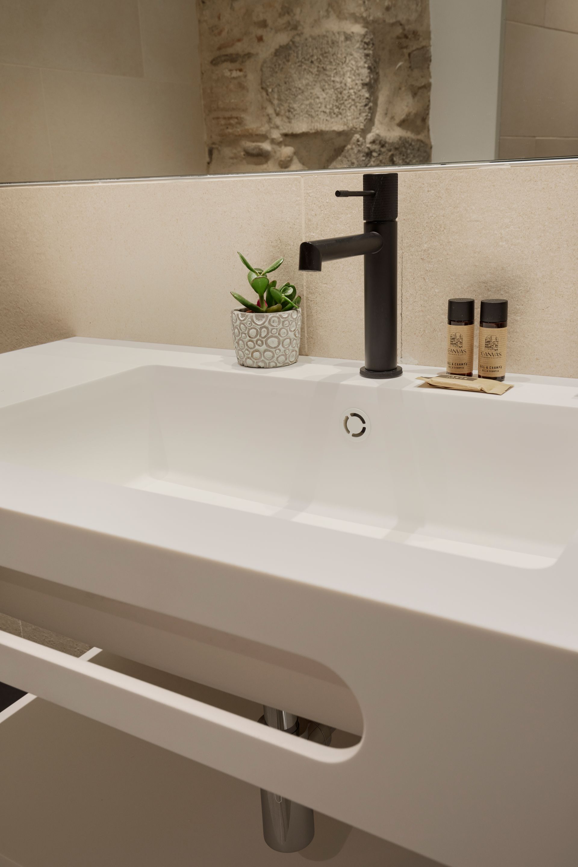 A bathroom sink with a black faucet and a plant on top of it.