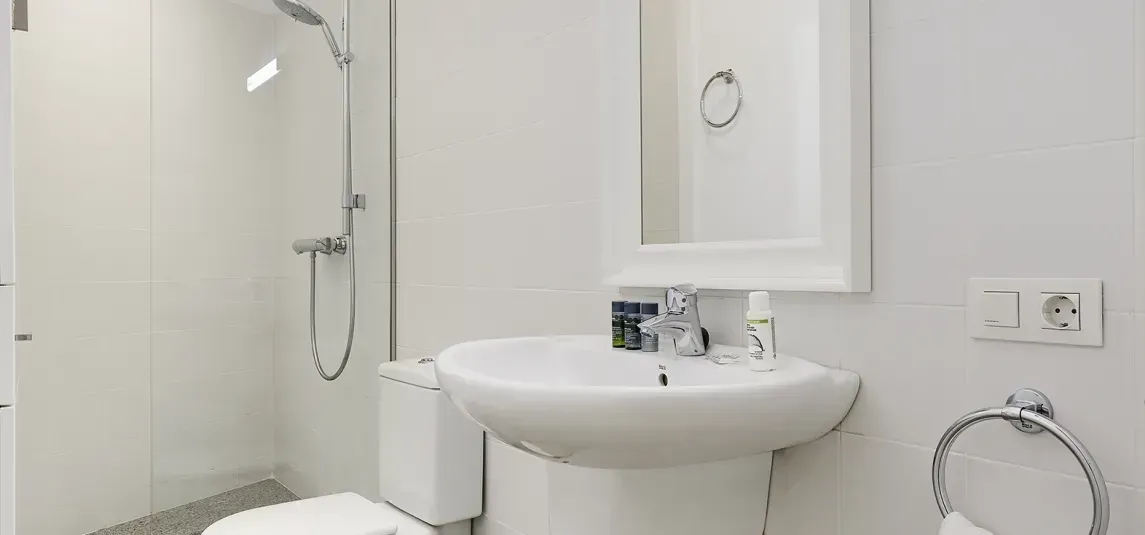 A bathroom with a sink , toilet , mirror and shower.