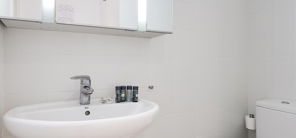 A bathroom with a sink , toilet and mirror.