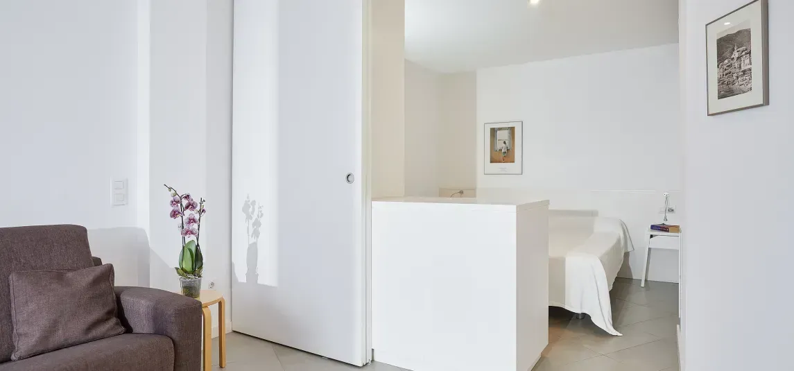 A living room with a couch and a bed.