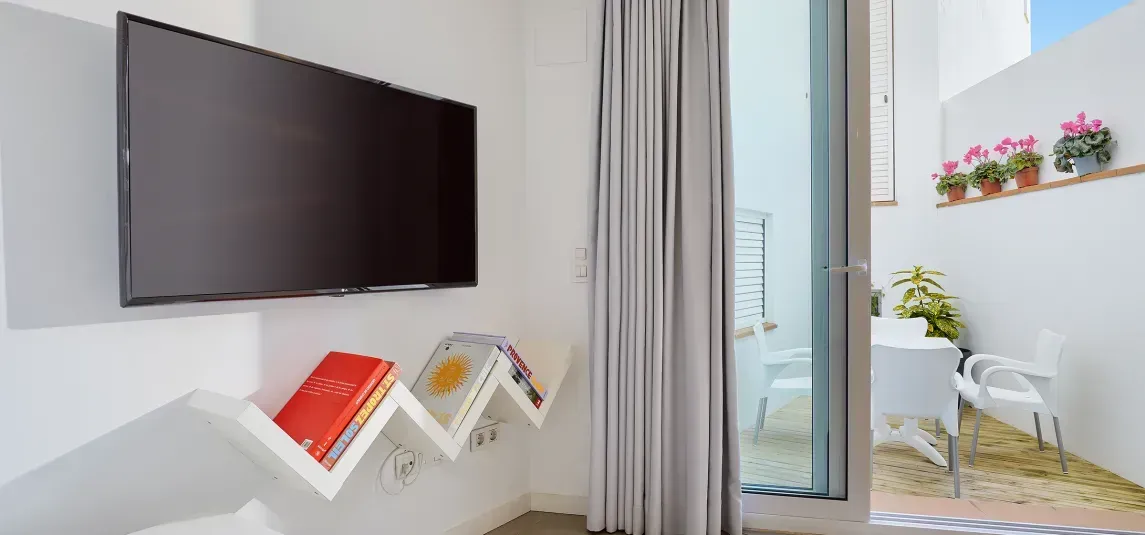 A living room with a flat screen tv and a bookshelf.