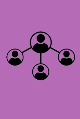 A group of people are connected to each other on a purple background.