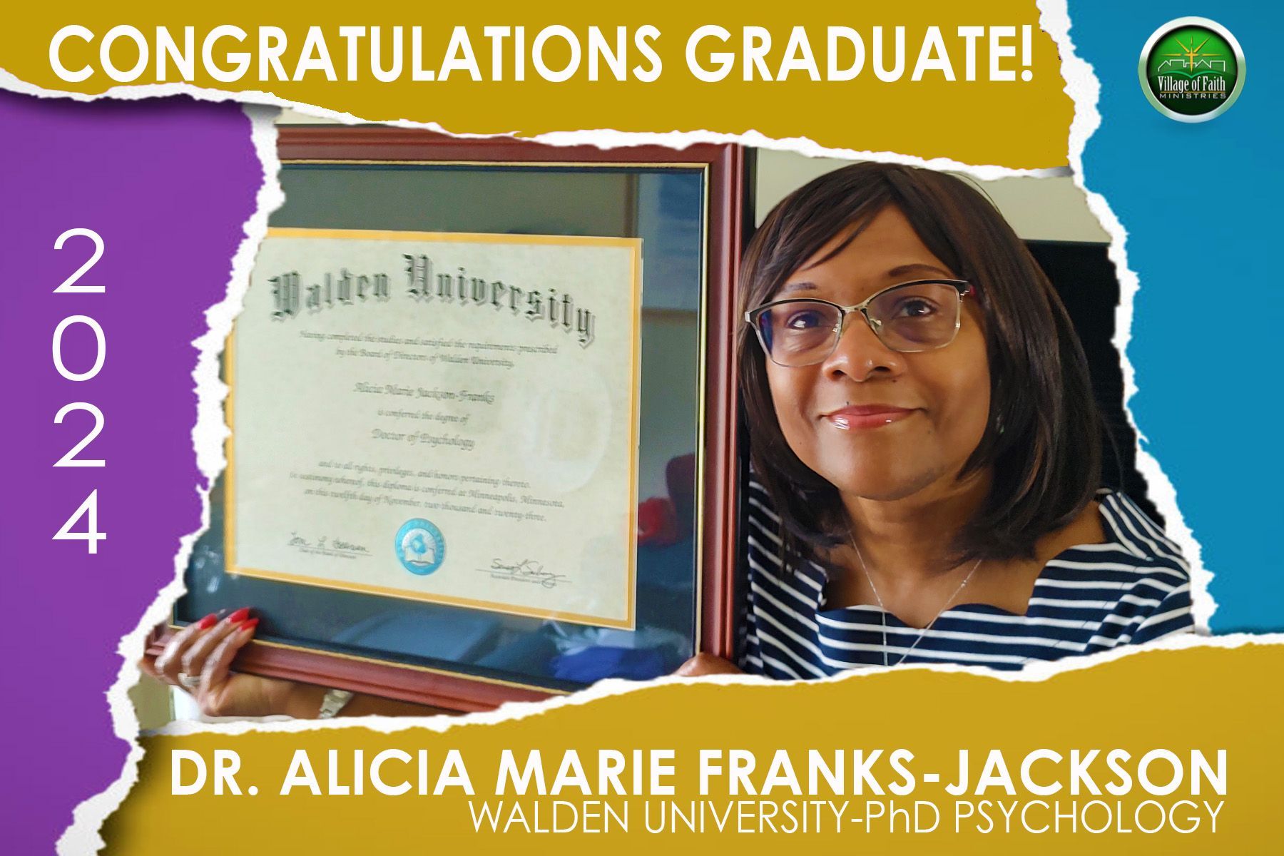 A woman is holding a diploma from walden university