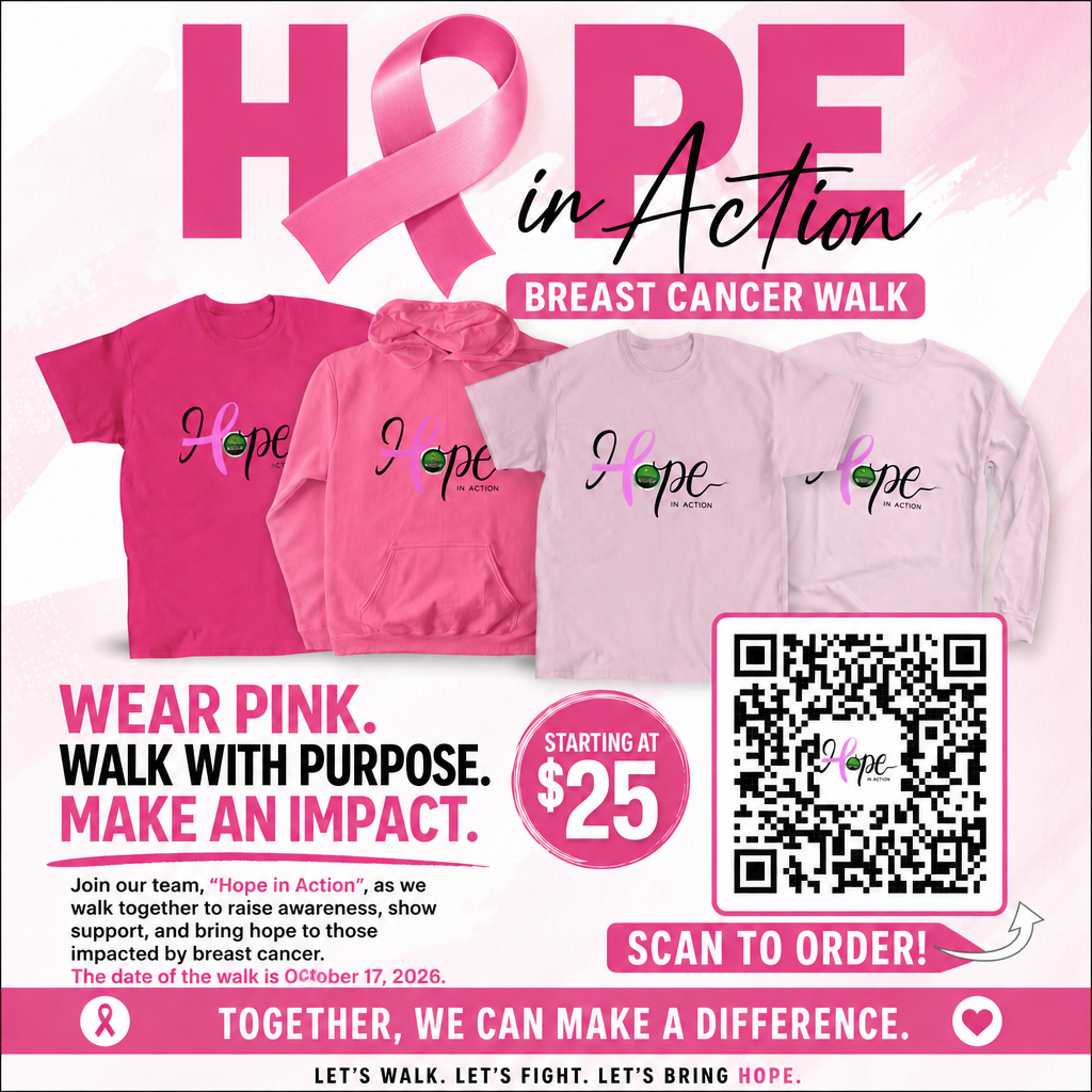 A poster for a Hope In Action shirts adn sweaters to raise awareness for Breast Cancer Walk.