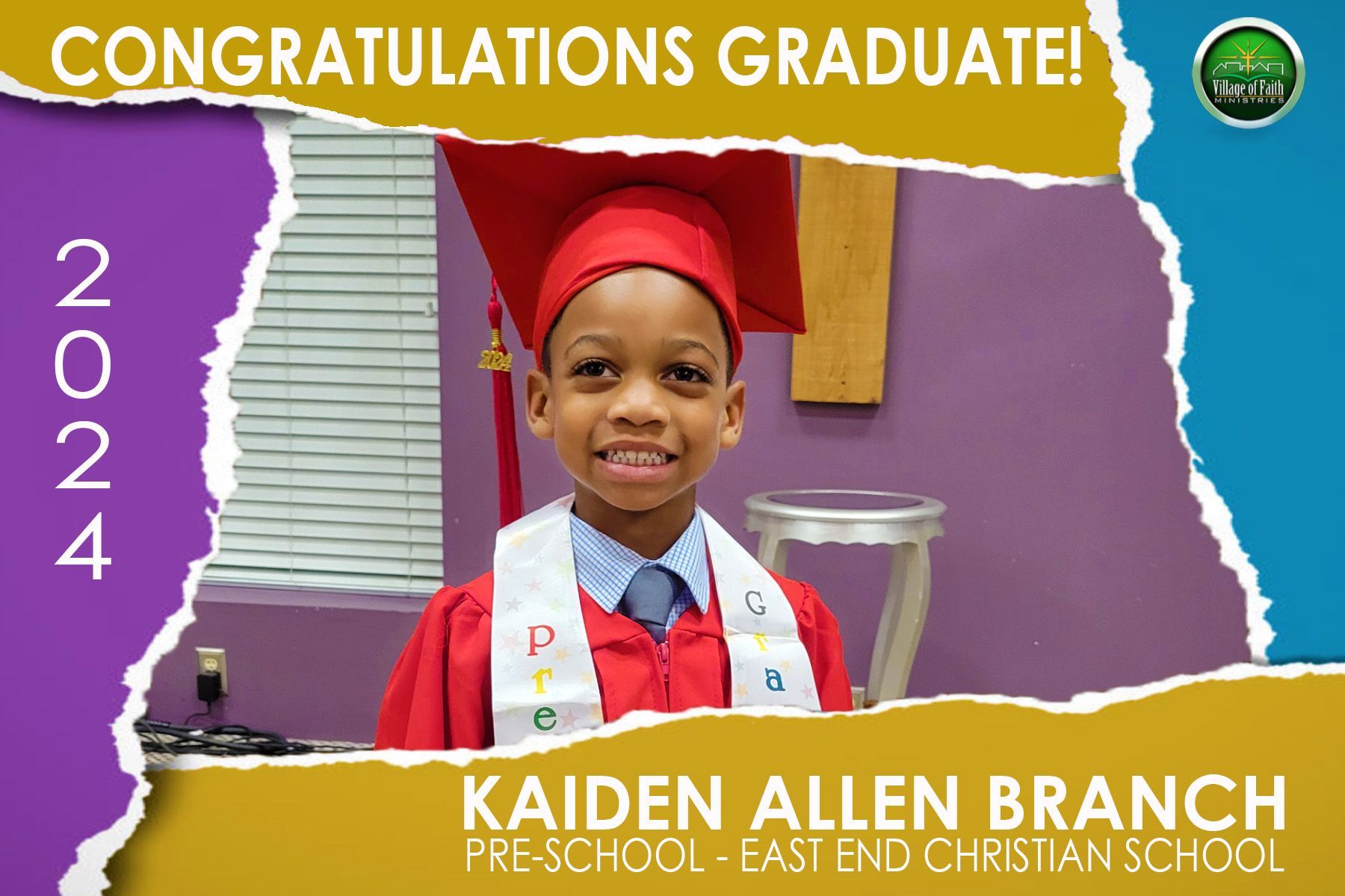 A young boy is wearing a graduation cap and gown.