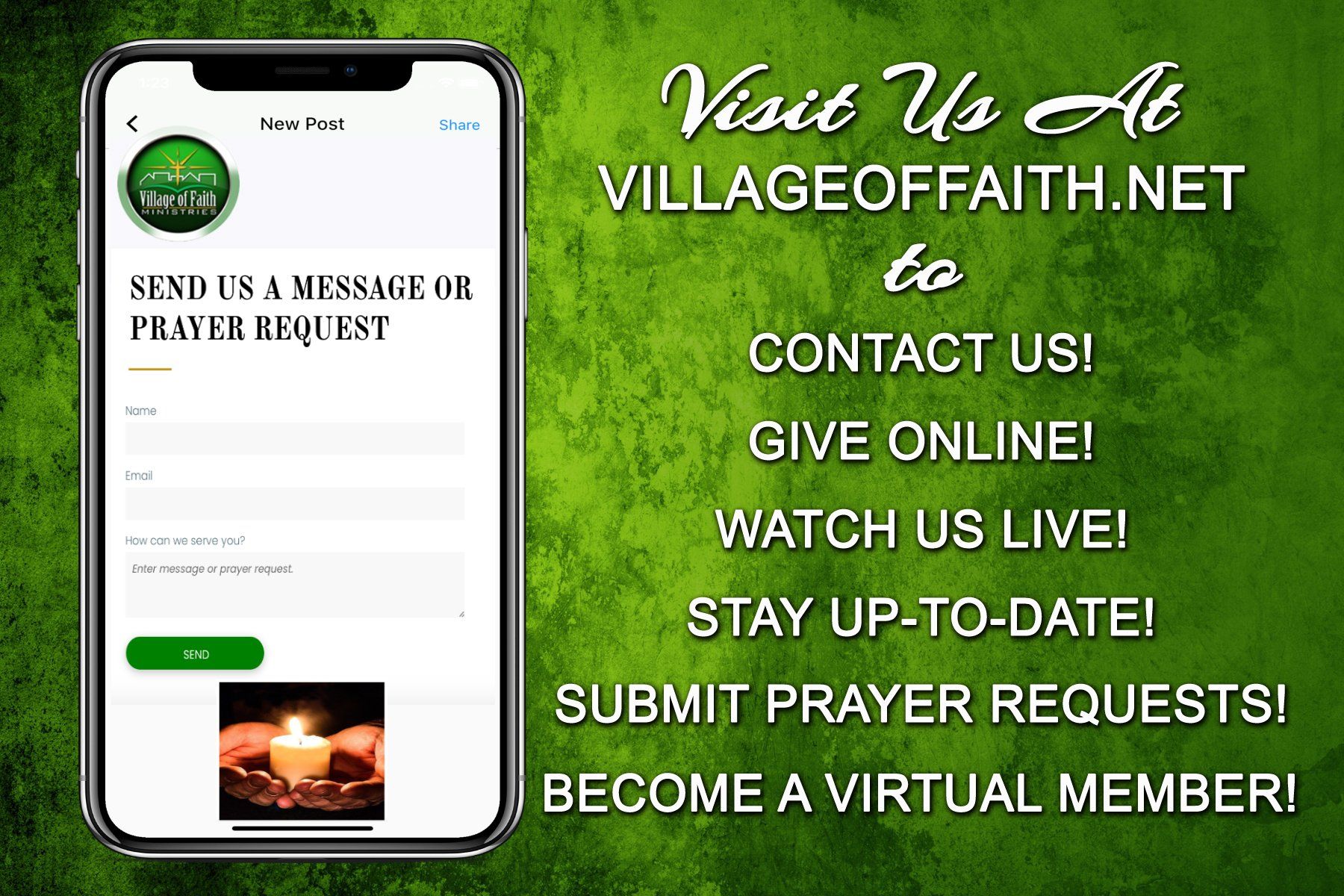 A phone with a candle on it is on a green background.