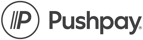 A black and white logo for a company called pushpay.