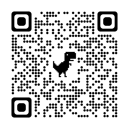 A black and white qr code with a dinosaur on it.