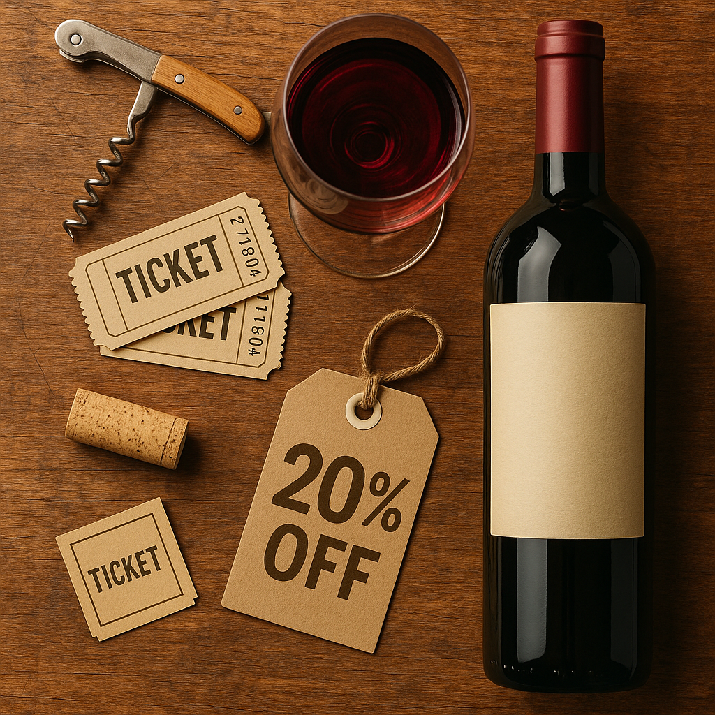 Wine glass and bottle with event tickets and discount sign for Trevor’s Wine Club perks