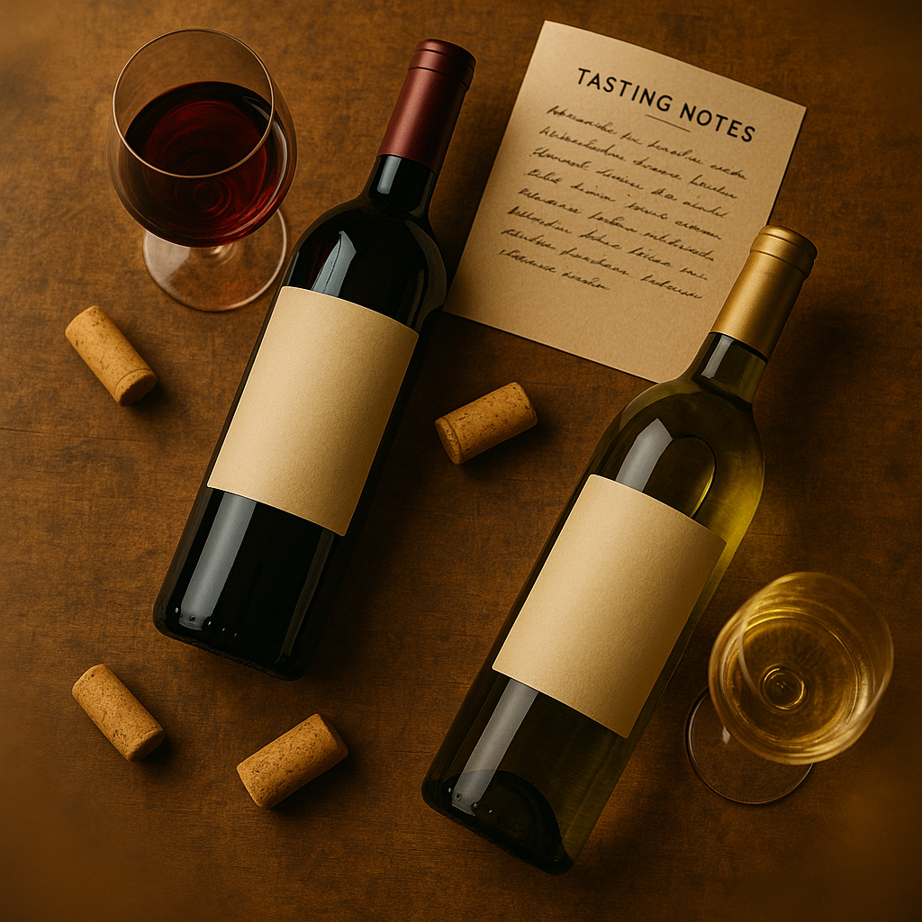 Overhead view of red and white wine bottles with glasses, corks, and tasting notes card