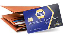 Brown leather wallet with blue NAPA Auto Parts credit card.