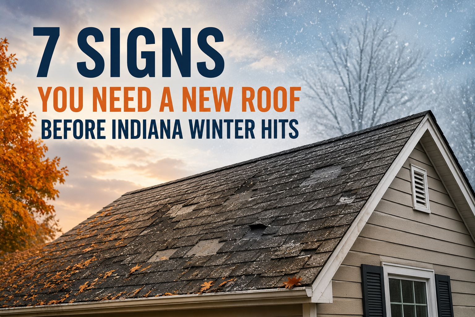 Damaged asphalt shingle roof on a suburban Indiana home with cracked and missing shingles before winter, under dramatic storm clouds with golden evening light.