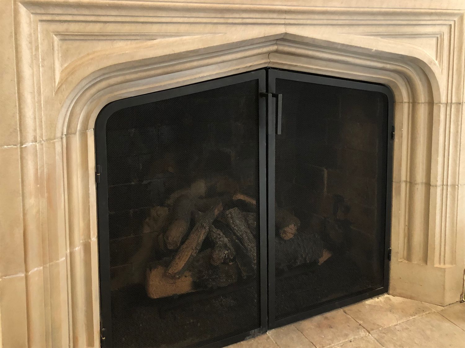 Fireplace with black mesh screen and stone surround.