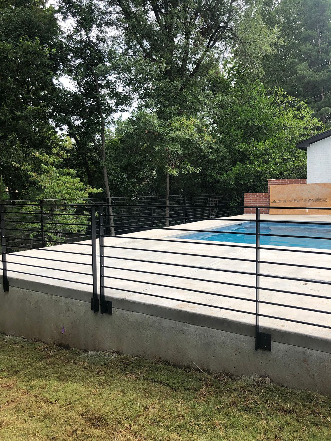 A pool surrounded by a concrete deck with black metal railing, with trees in the background.